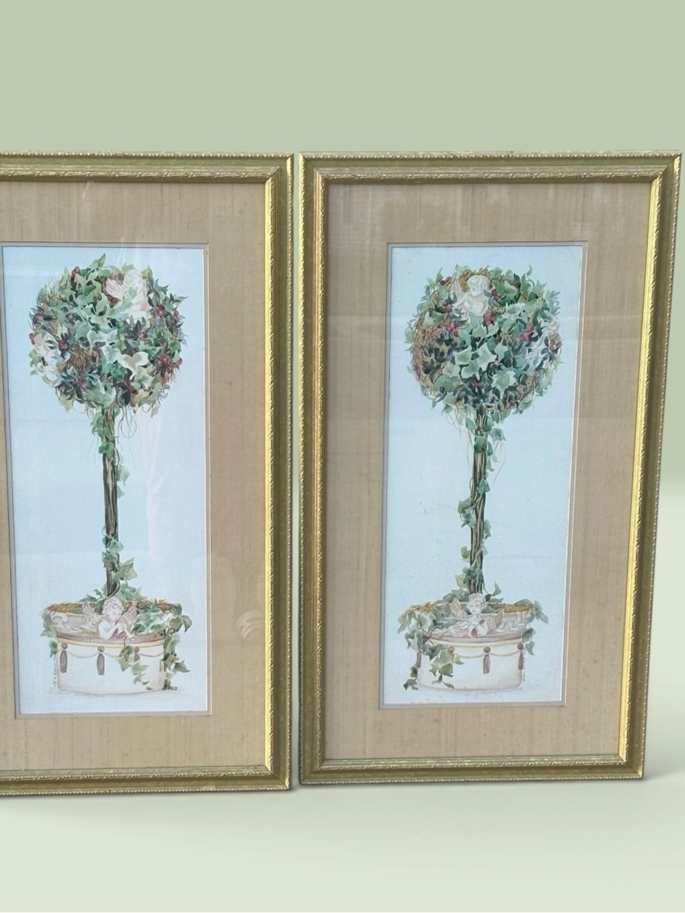 Pair of Framed Topiary Botanical Prints in Gold Frames
